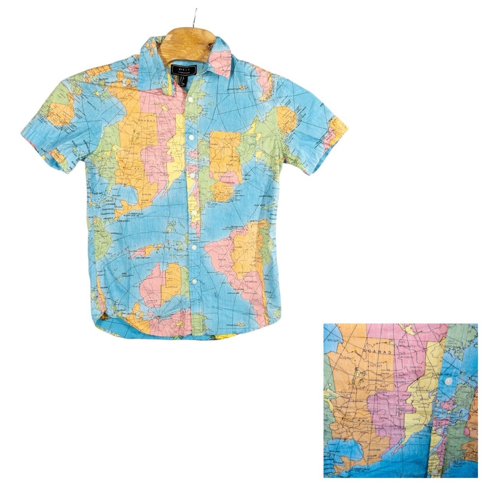 Map Geography Button Up Shirt Mens S‎ School Teacher Cartography World Map AOP